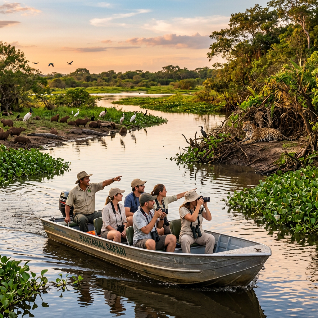 Tourists photographing wildlife from a boat in the Pantanal wetlands