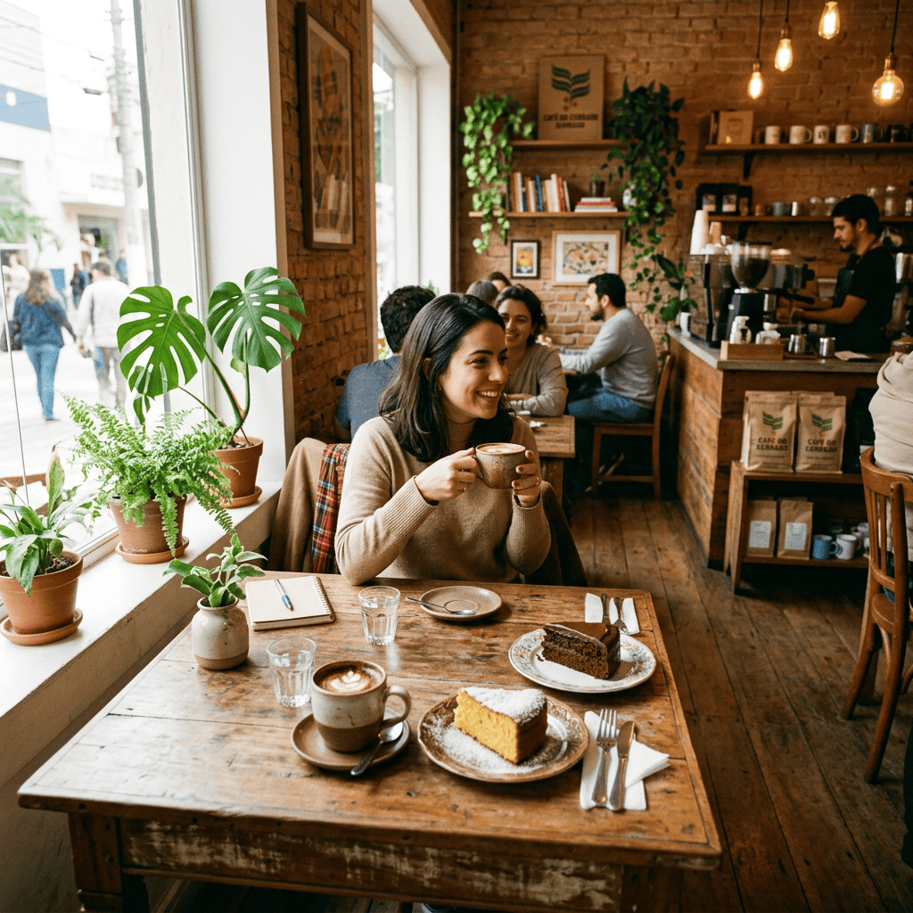 Woman enjoying coffee and cake at a warmly lit coffee shop table