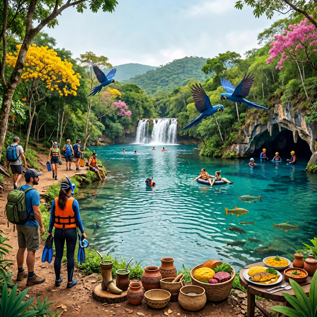 Illustrated Campo Grande tourism poster with landmarks, blue macaws, waterfall, cuisine, and text